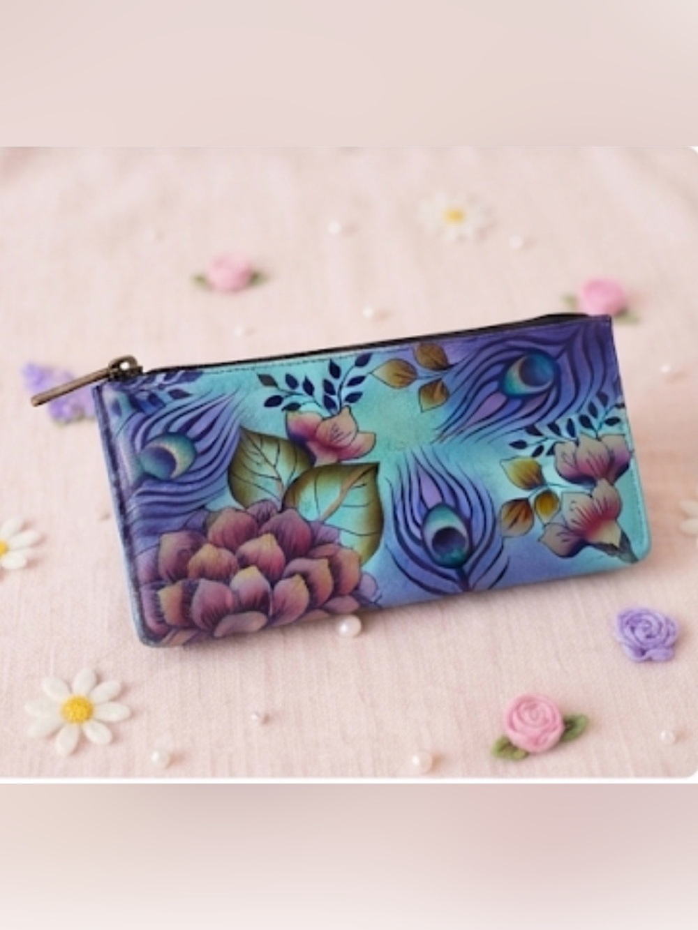 Anuschka Hand Painted Leather 
Floral Peacock Feather Zip Pouch